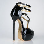 Princess black patent high heel sandals, 160mm superarch, 6 inch stilettos, Luxe My Body, right view.