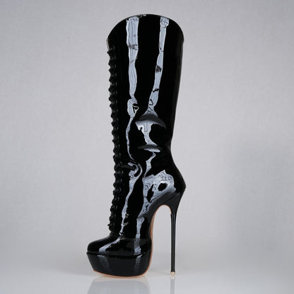 Mistress black patent 160mm stiletto high heels platform knee-high lace-up boots with superarch by Luxe My Body.
