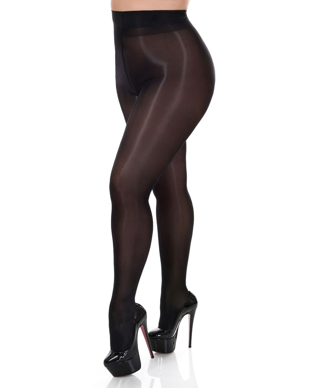 Black oil shine ultra glossy silky sheer pantyhose, Elegant Nylon Tights collection, closeup view.