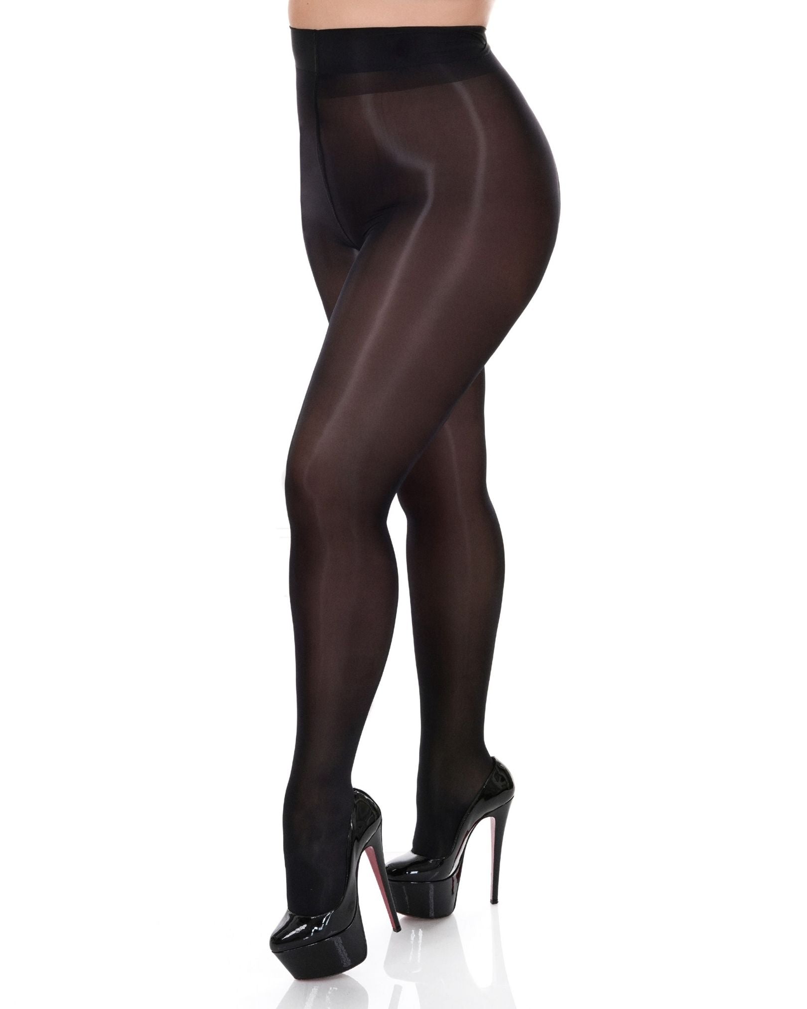 Black oil shine ultra glossy silky sheer pantyhose, Elegant Nylon Tights collection, closeup view.