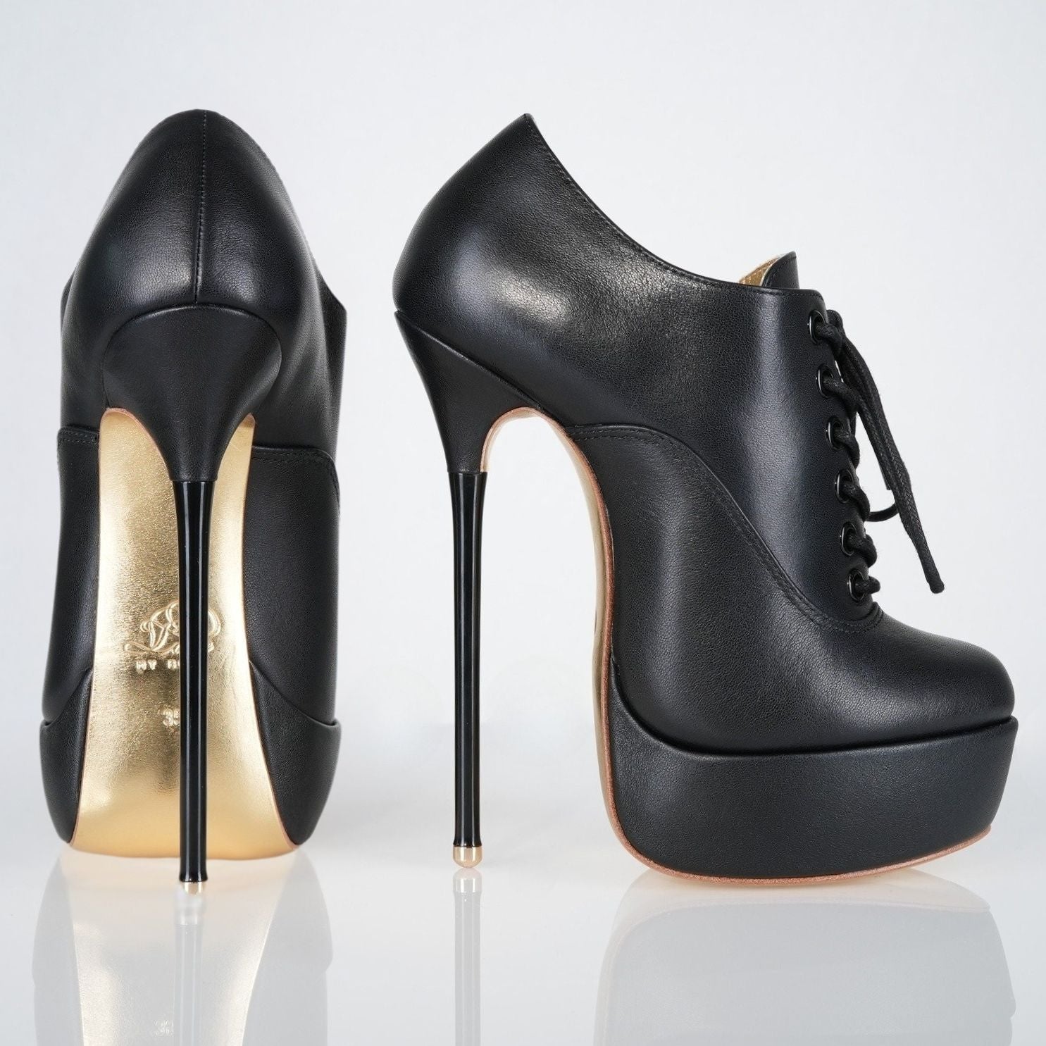 Empress black leather high heel oxfords with 160mm (6 inch) Superarch stiletto high heels, ultra high heels with super arch profile view.