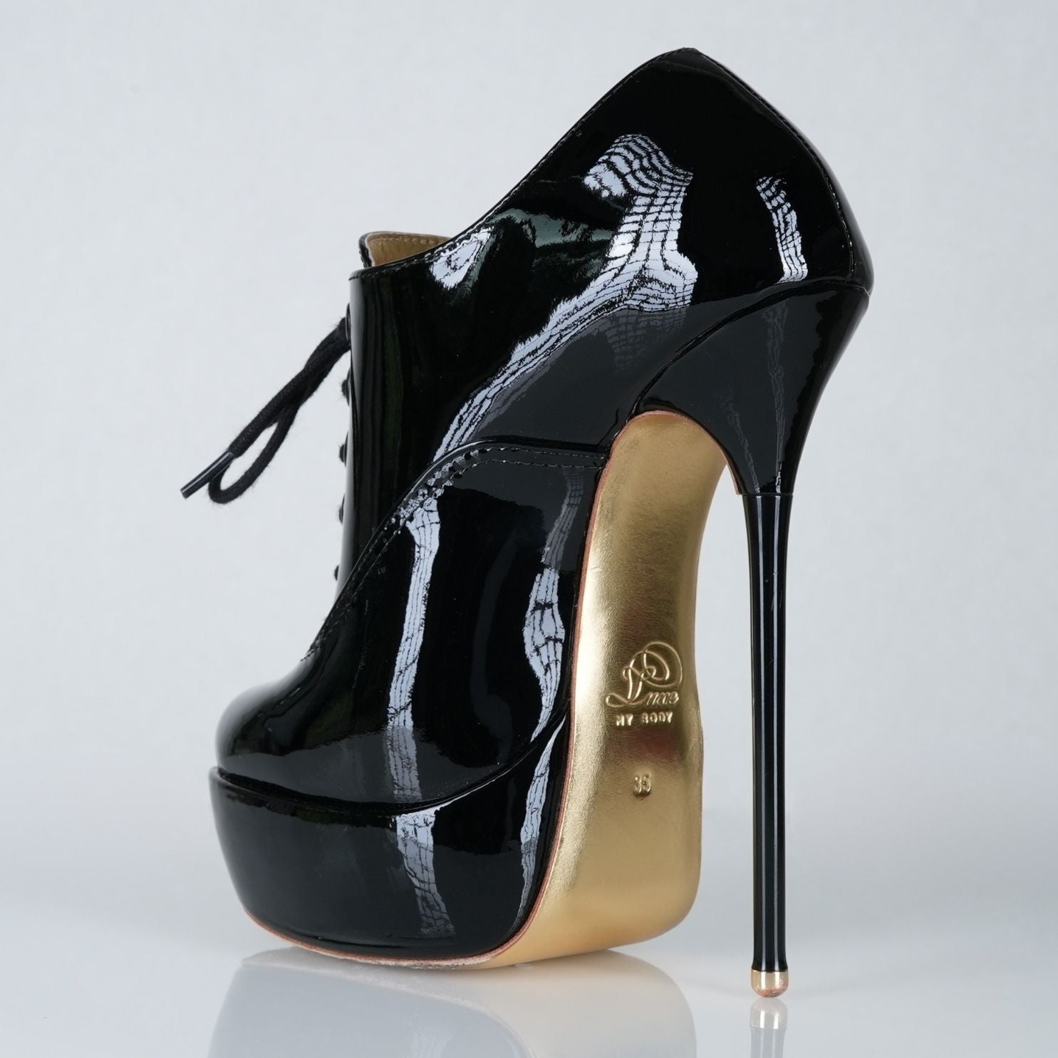 Empress black patent high heel oxfords with 160mm (6 inch) Superarch stiletto high heels, extreme high heel super arch back left view.