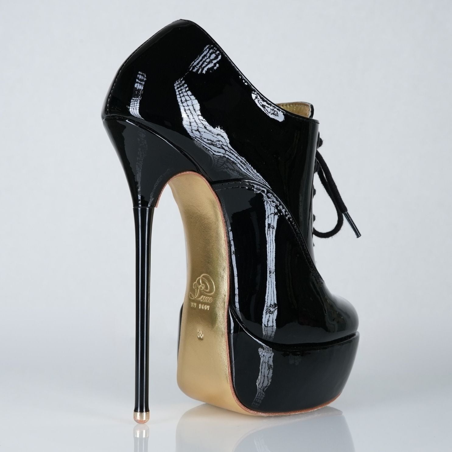 Empress black patent high heel oxfords with 160mm (6 inch) Superarch stiletto high heels, extreme super arch back right view.
