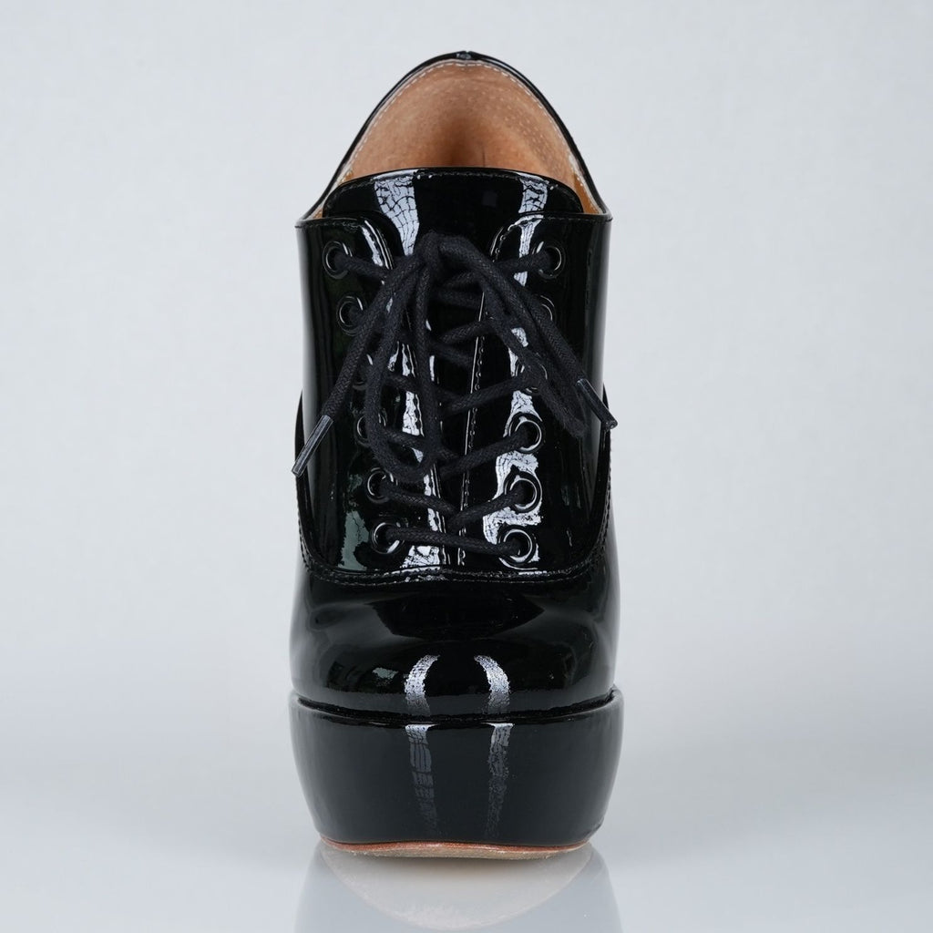 Empress black patent high heel oxfords with 160mm (6 inch) Superarch stiletto high heels, full lace up front view.