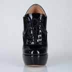 Empress black patent high heel oxfords with 160mm (6 inch) Superarch stiletto high heels, full lace up front view.
