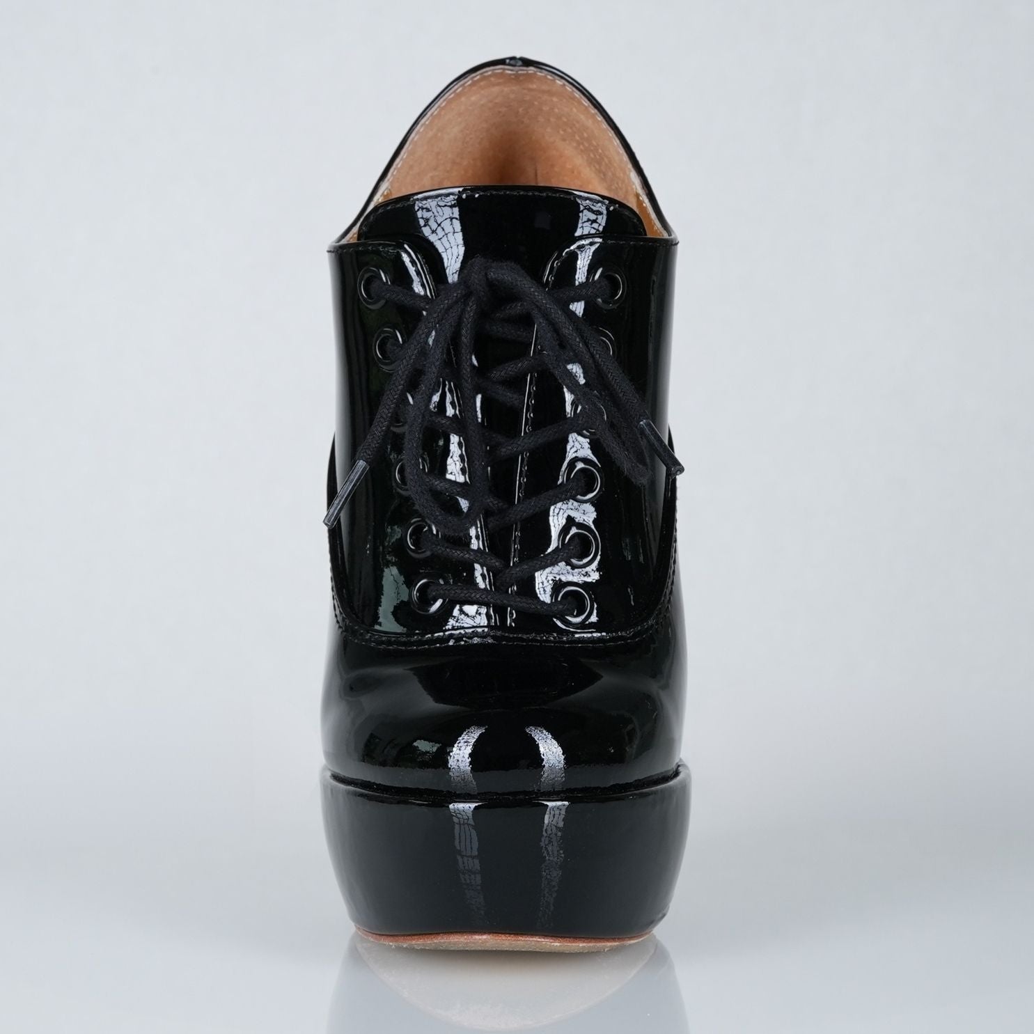Empress black patent high heel oxfords with 160mm (6 inch) Superarch stiletto high heels, full lace up front view.