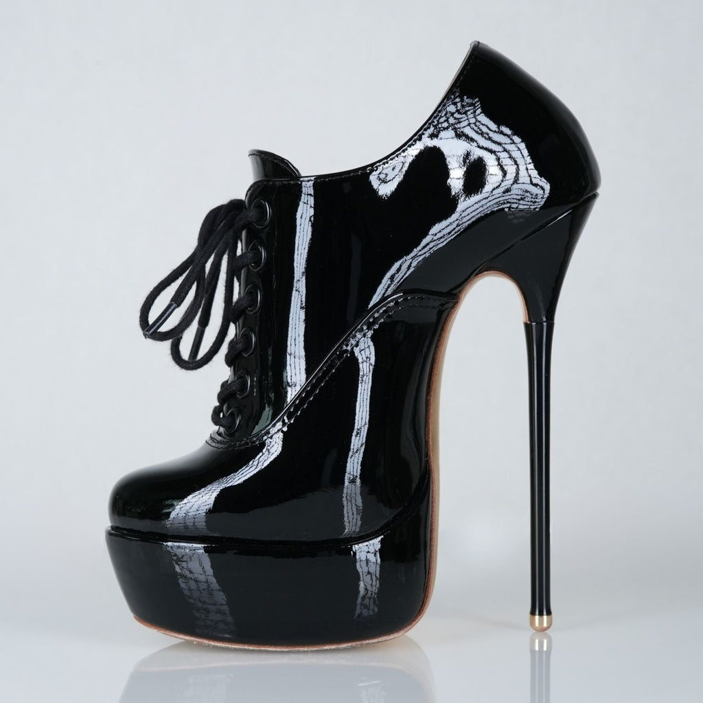 Empress black patent high heel oxfords with 160mm (6 inch) Superarch stiletto high heels, extreme super arch left view.