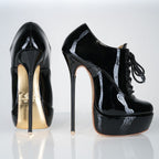 Empress black patent high heel oxfords with 160mm (6 inch) Superarch stiletto high heels, ultra high heels with super arch profile view.