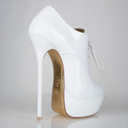 Empress white patent high heel oxfords with 160mm (6 inch) Superarch stiletto high heels, extreme super arch back right view.