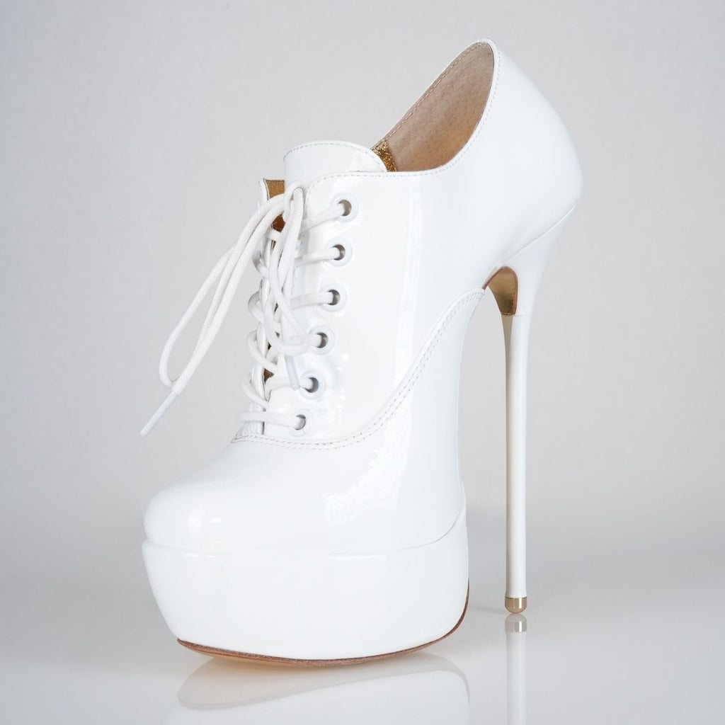 Empress white patent high heel oxfords with 160mm (6 inch) Superarch stiletto high heels, extreme super arch front left view.