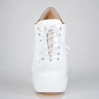 Empress white patent high heel oxfords with 160mm (6 inch) Superarch stiletto high heels, full lace up front view.