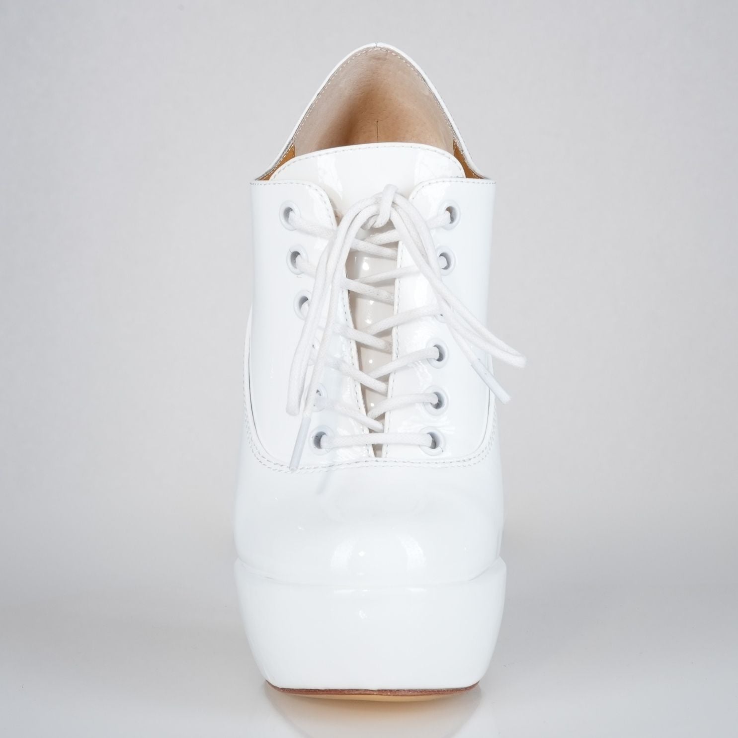 Empress white patent high heel oxfords with 160mm (6 inch) Superarch stiletto high heels, full lace up front view.
