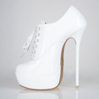 Empress white patent high heel oxfords with 160mm (6 inch) Superarch stiletto high heels, extreme super arch left view.