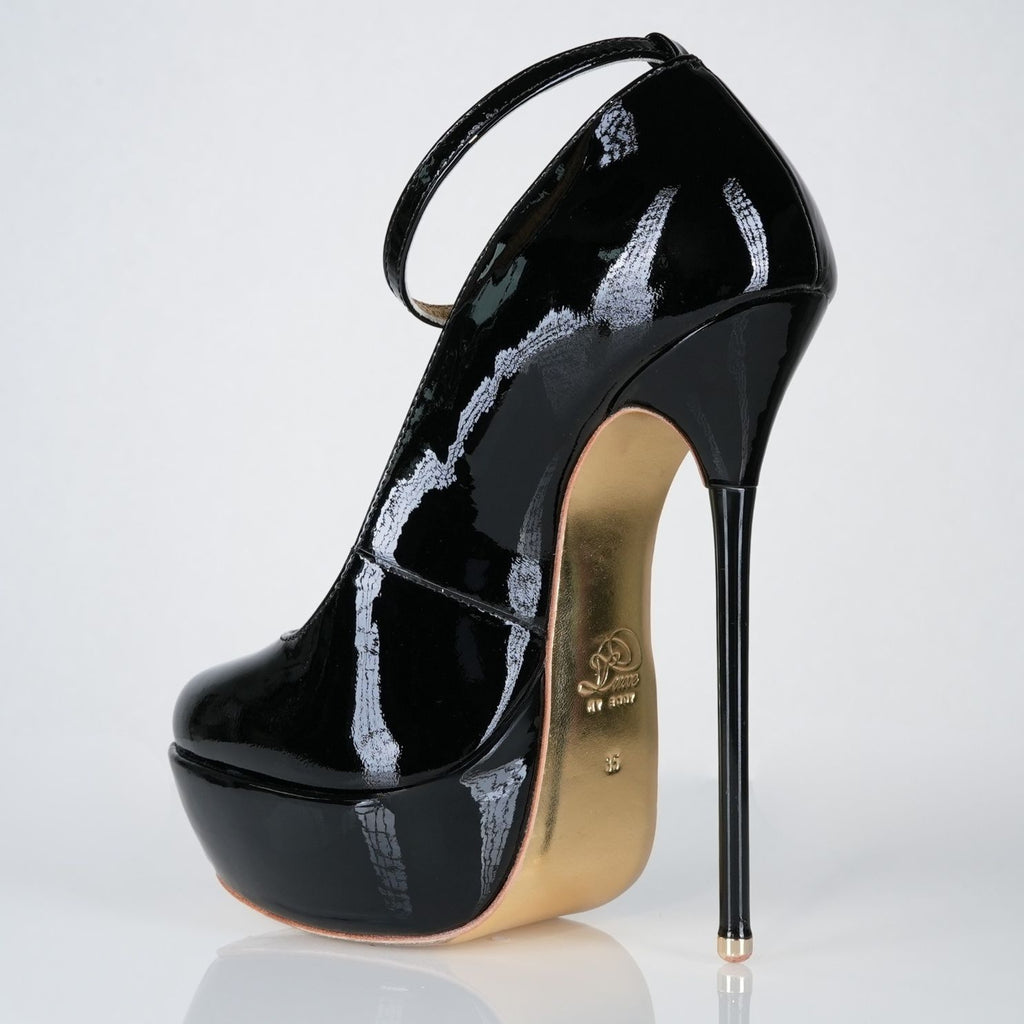 Goddess black patent high heel pumps with 160mm (6 inch) Superarch stiletto high heels, extreme high heel super arch back left view.