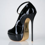 Goddess black patent high heel pumps with 160mm (6 inch) Superarch stiletto high heels, extreme high heel super arch back left view.