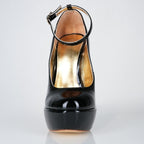 Goddess black patent high heel pumps with 160mm (6 inch) Superarch stiletto high heels, classic closed toe front view.