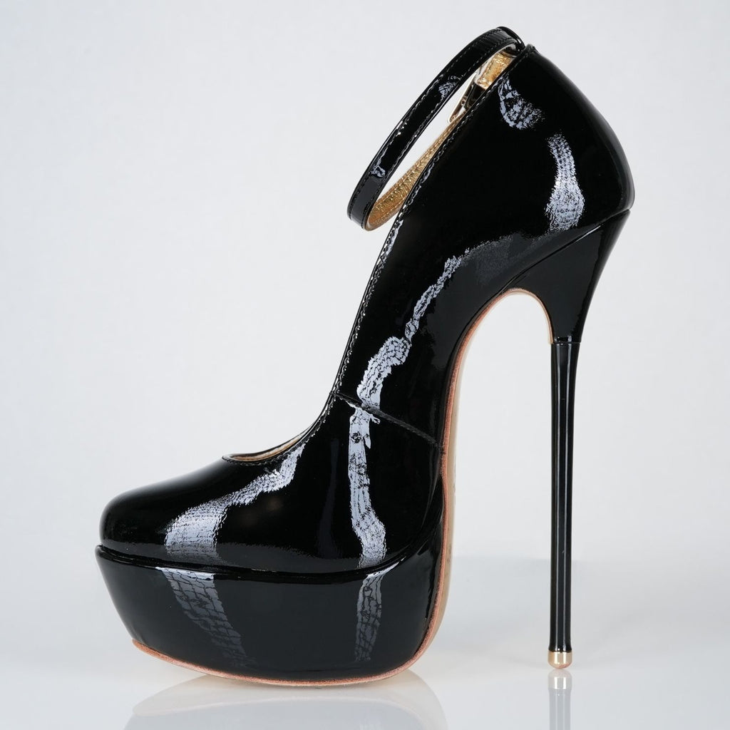 Goddess black patent high heel pumps with 160mm (6 inch) Superarch stiletto high heels, extreme super arch left view.