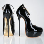 Goddess black patent high heel pumps with 160mm (6 inch) Superarch stiletto high heels, ultra high heels with super arch profile view.