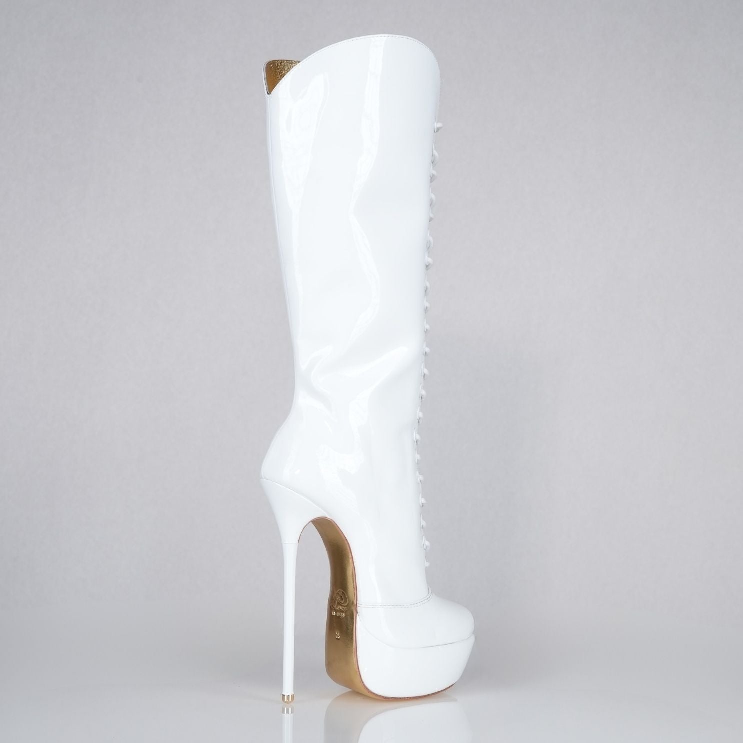 Mistress white patent high heel knee-boots with 160mm (6 inch) Superarch stiletto high heels, extreme super arch back right view.