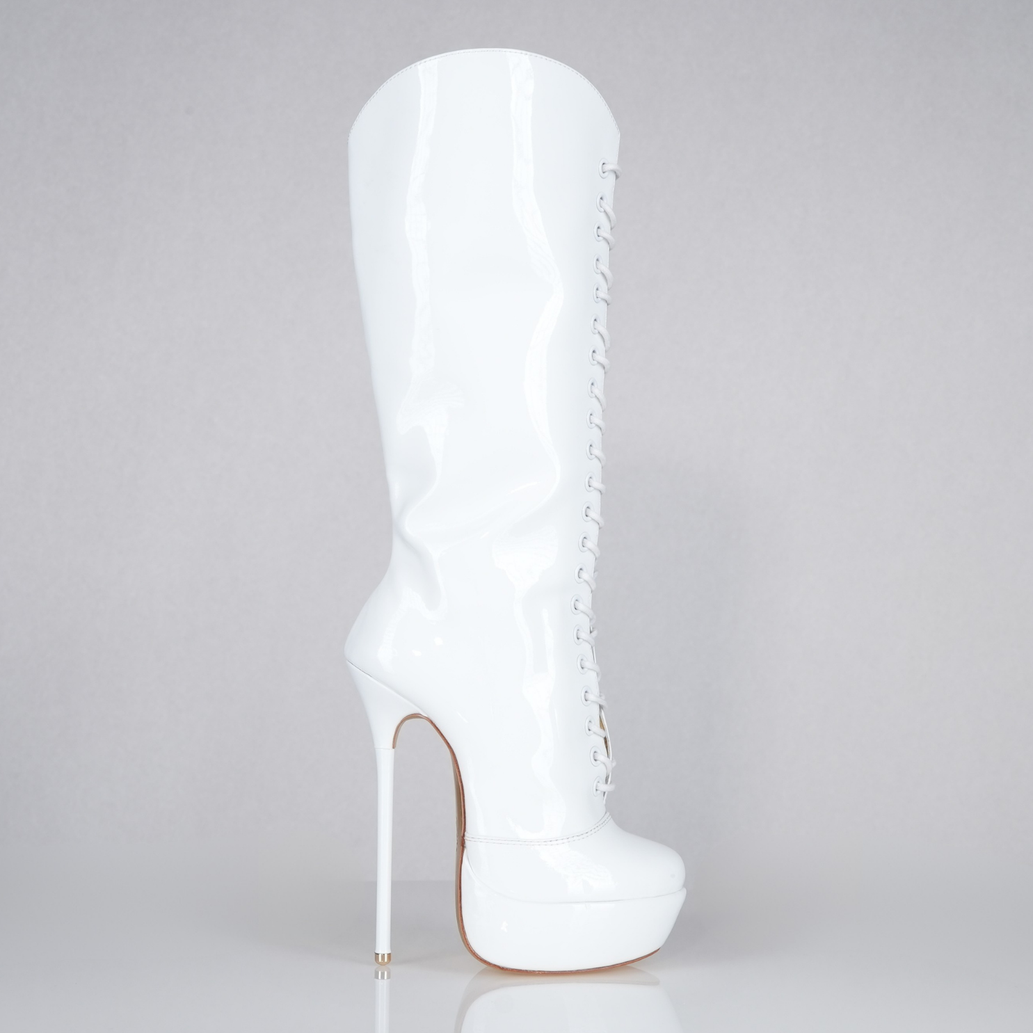 Mistress white patent high heel knee-boots with 160mm Superarch high heels, right side view.