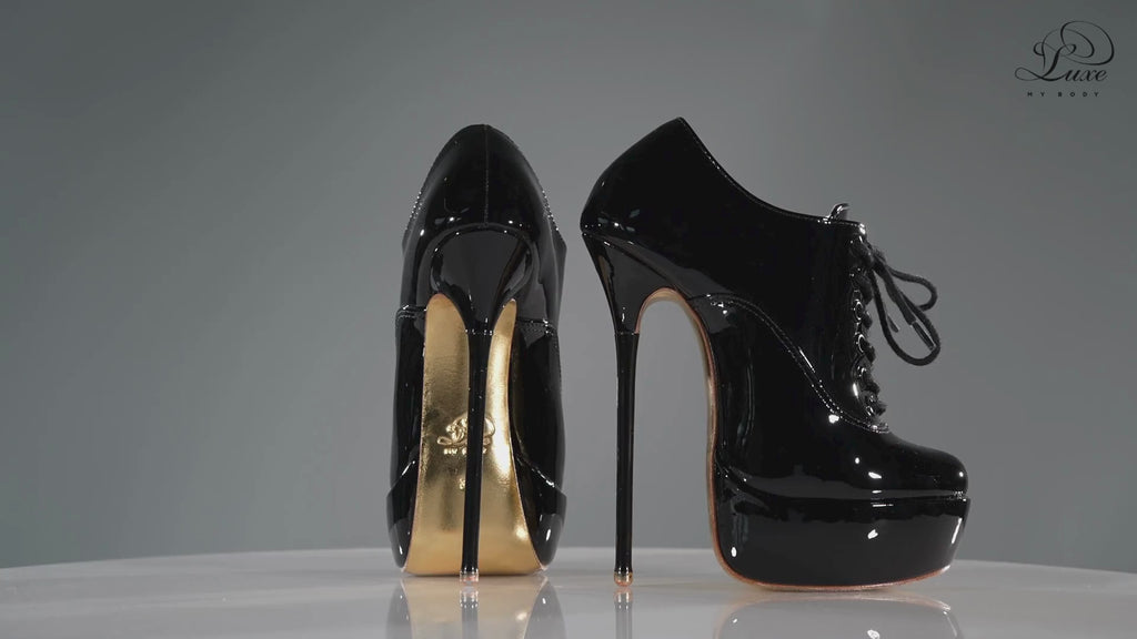 Empress black patent high heel oxfords, 160mm superarch, 6 inch stilettos, Luxe My Body, 360 view.