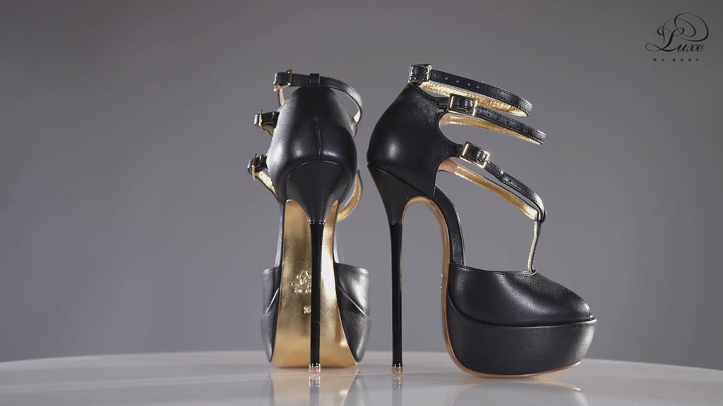 Princess black leather high heel sandals, 160mm superarch, 6 inch stilettos, Luxe My Body, 360 view.