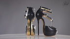 Princess black leather high heel sandals, 160mm superarch, 6 inch stilettos, Luxe My Body, 360 view.