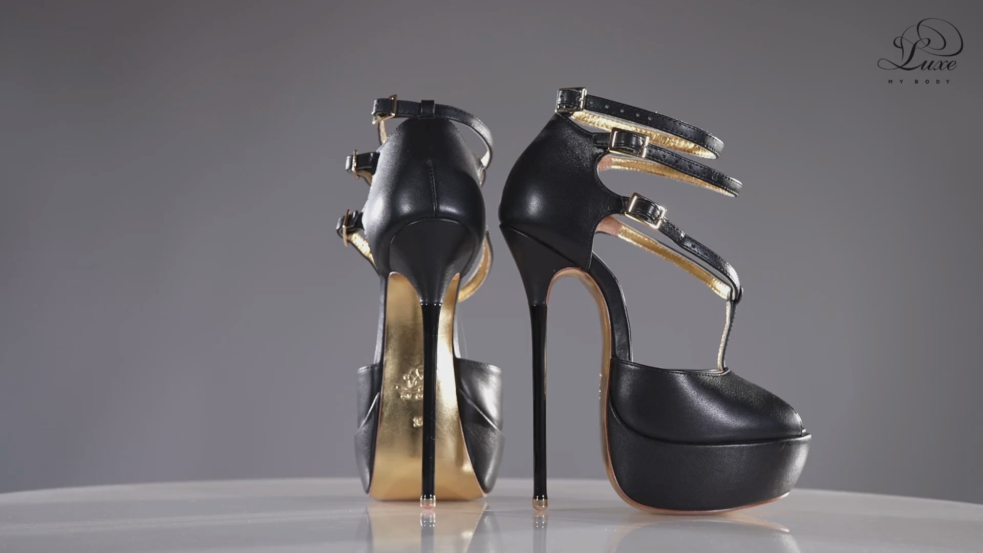 Princess black leather high heel sandals, 160mm superarch, 6 inch stilettos, Luxe My Body, 360 view.