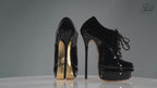 Empress black patent high heel oxfords with 160mm (6 inch) Superarch stiletto high heels, ultra high heels with super arch profile 360 view.