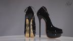 Goddess black patent high heel pumps with 160mm (6 inch) Superarch stiletto high heels, ultra high heels with super arch profile 360 view.