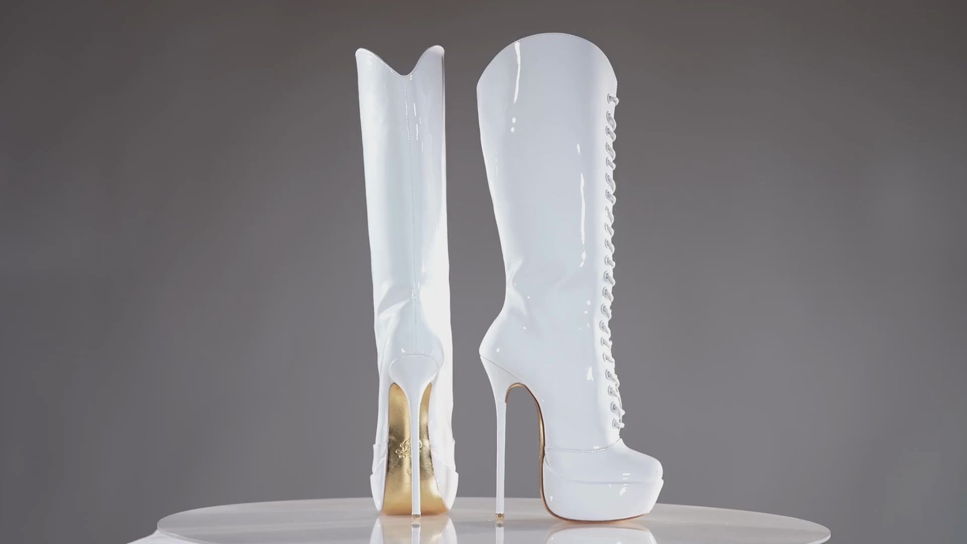 Mistress white patent 160mm stiletto high heels platform knee-high lace-up boots with superarch by Luxe My Body.