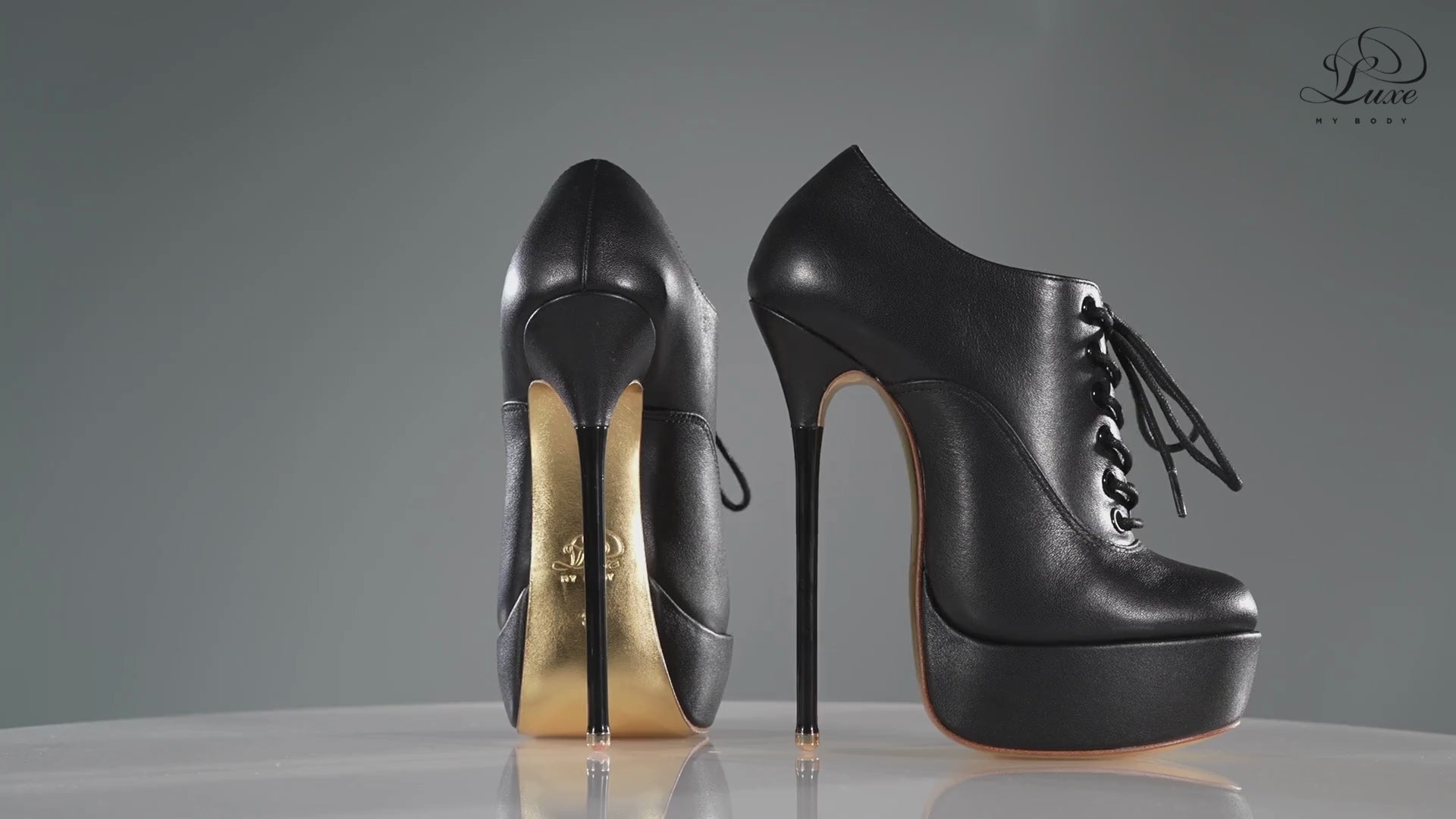 Empress black leather high heel oxfords, 160mm superarch, 6 inch stilettos, Luxe My Body, 360 view.