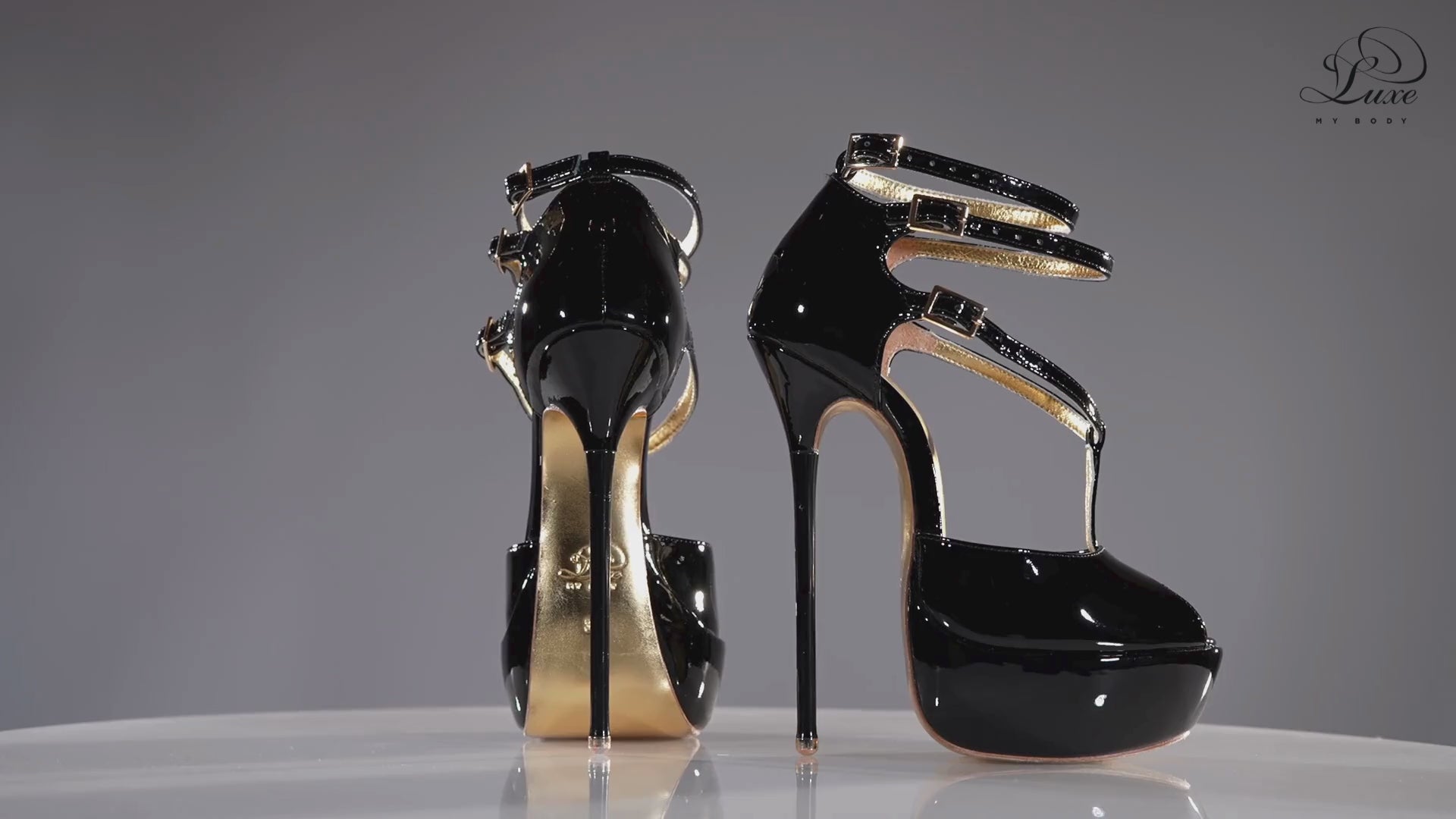 Black patent high heel sandals 160mm (6-inch) stilettos, round metal tips, superarch, Princess Collection, 360 view.
