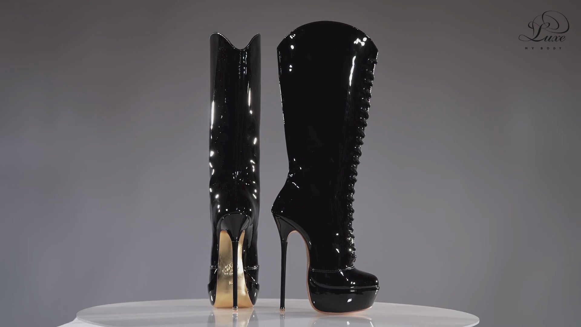Mistress black patent high heel knee-boots with 160mm (6 inch) Superarch stiletto high heels, ultra high heels with super arch 360 view.