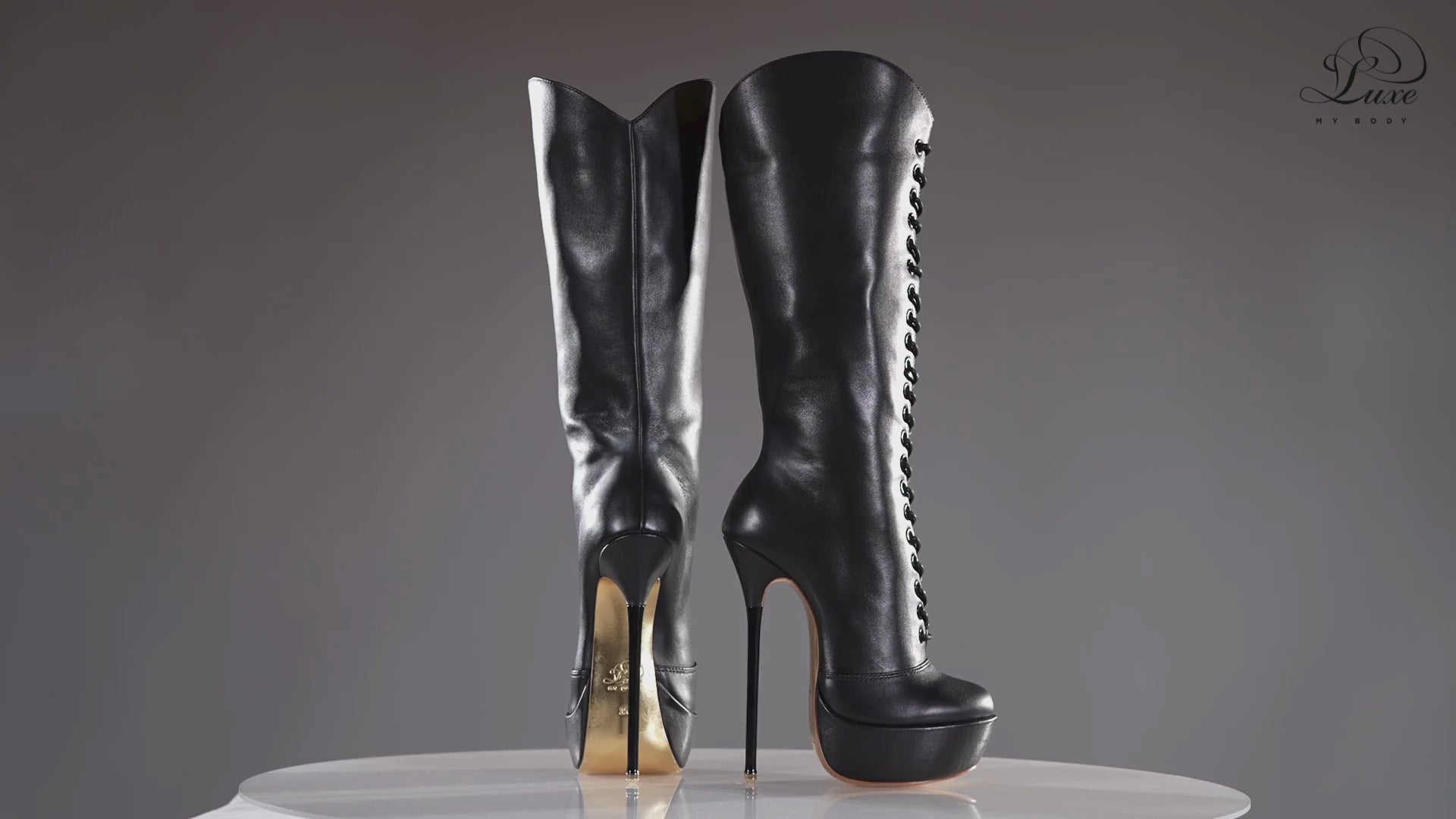 Mistress black leather patent high heel knee boots, 160mm superarch, 6 inch stilettos, Luxe My Body, 360 view.