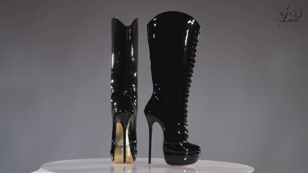 Mistress black patent high heel knee boots, 160mm superarch, 6 inch stilettos, Luxe My Body, 360 view.