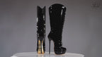 Mistress black patent high heel knee boots, 160mm superarch, 6 inch stilettos, Luxe My Body, 360 view.