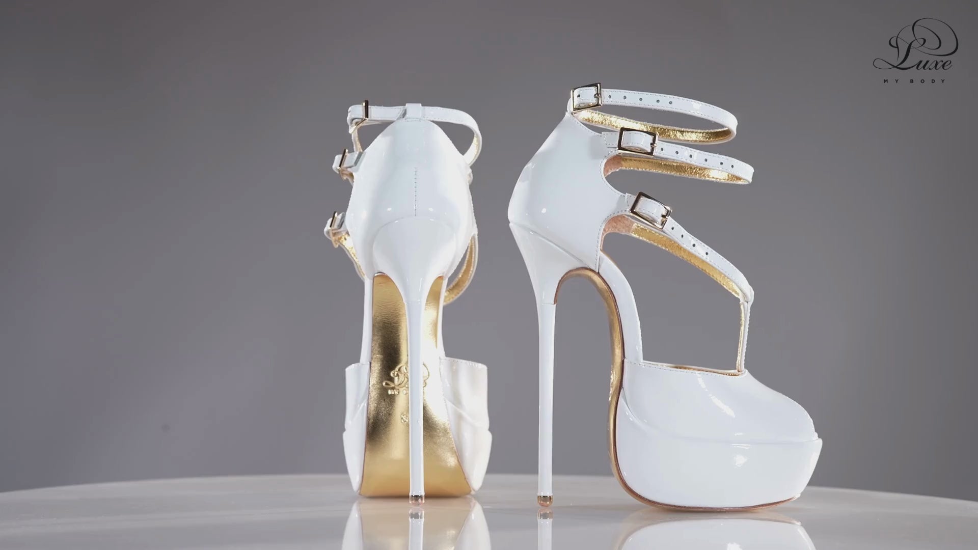 Princess white patent high heel sandals, 160mm superarch, 6 inch stilettos, Luxe My Body, 360 view.
