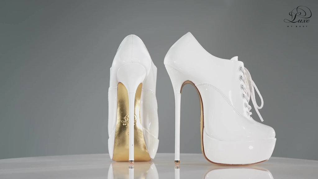 Empress white patent high heel oxfords with 160mm (6 inch) Superarch stiletto high heels, ultra high heels with super arch profile 360 view.