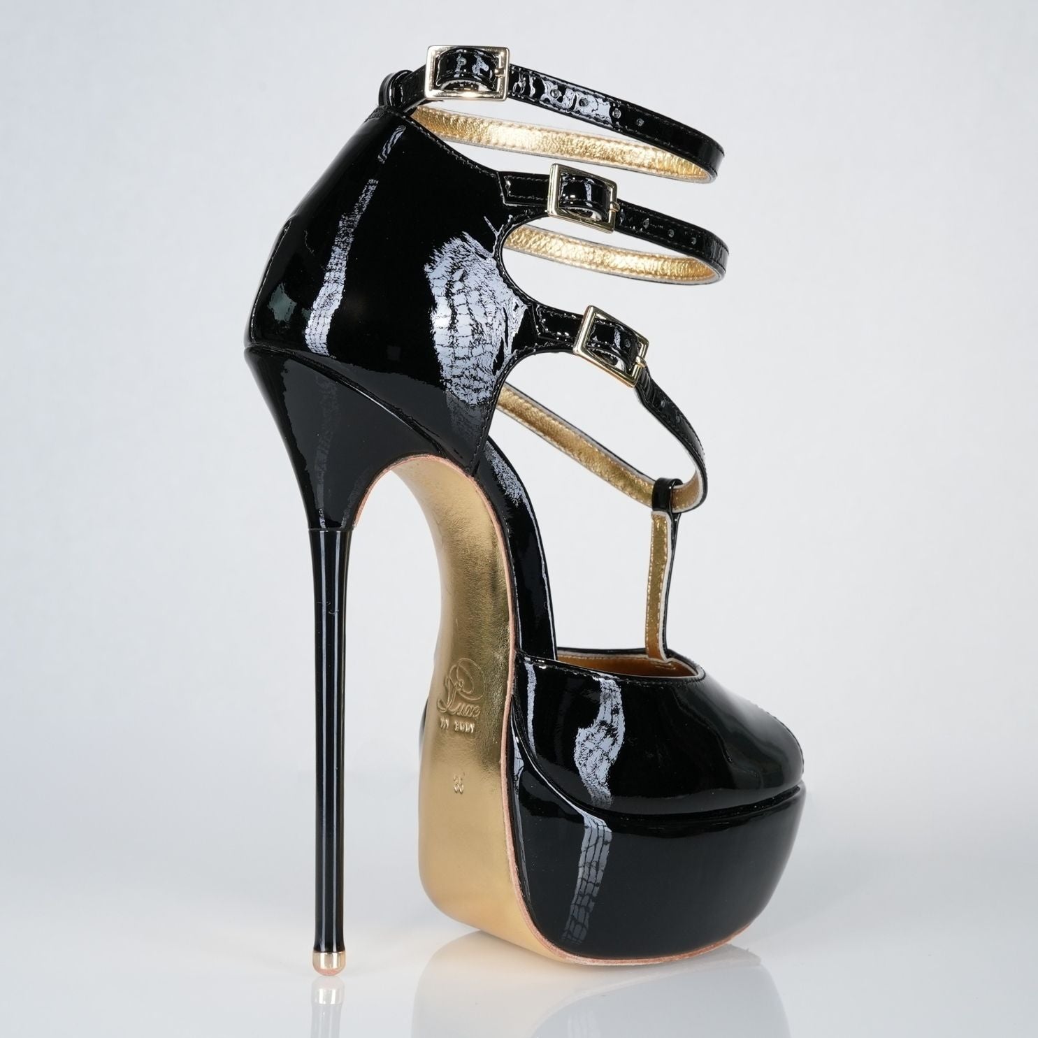 Princess black patent high heel sandals with 160mm (6 inch) Superarch stiletto high heels, extreme super arch back right view.