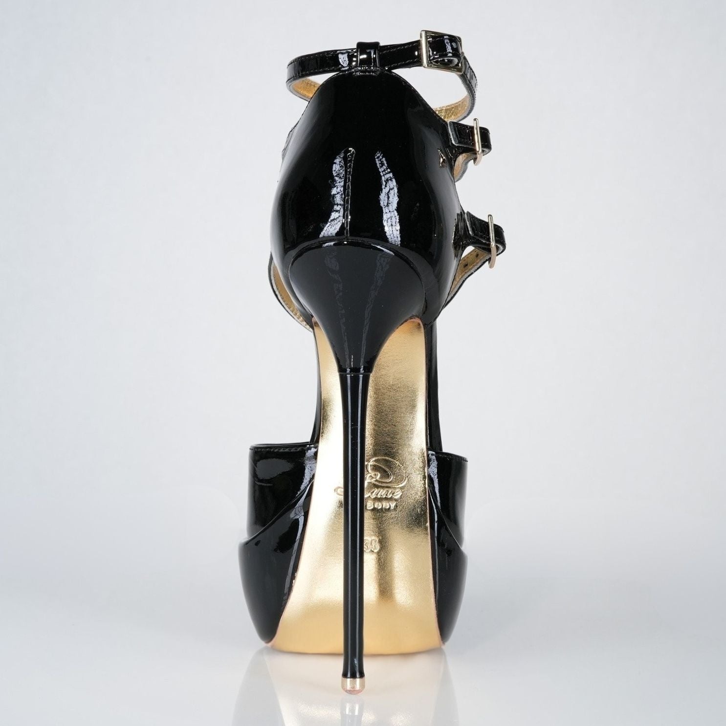 Princess black patent high heel sandals with 160mm (6 inch) Superarch stiletto high heels, sky high 6 inch high heels back view.