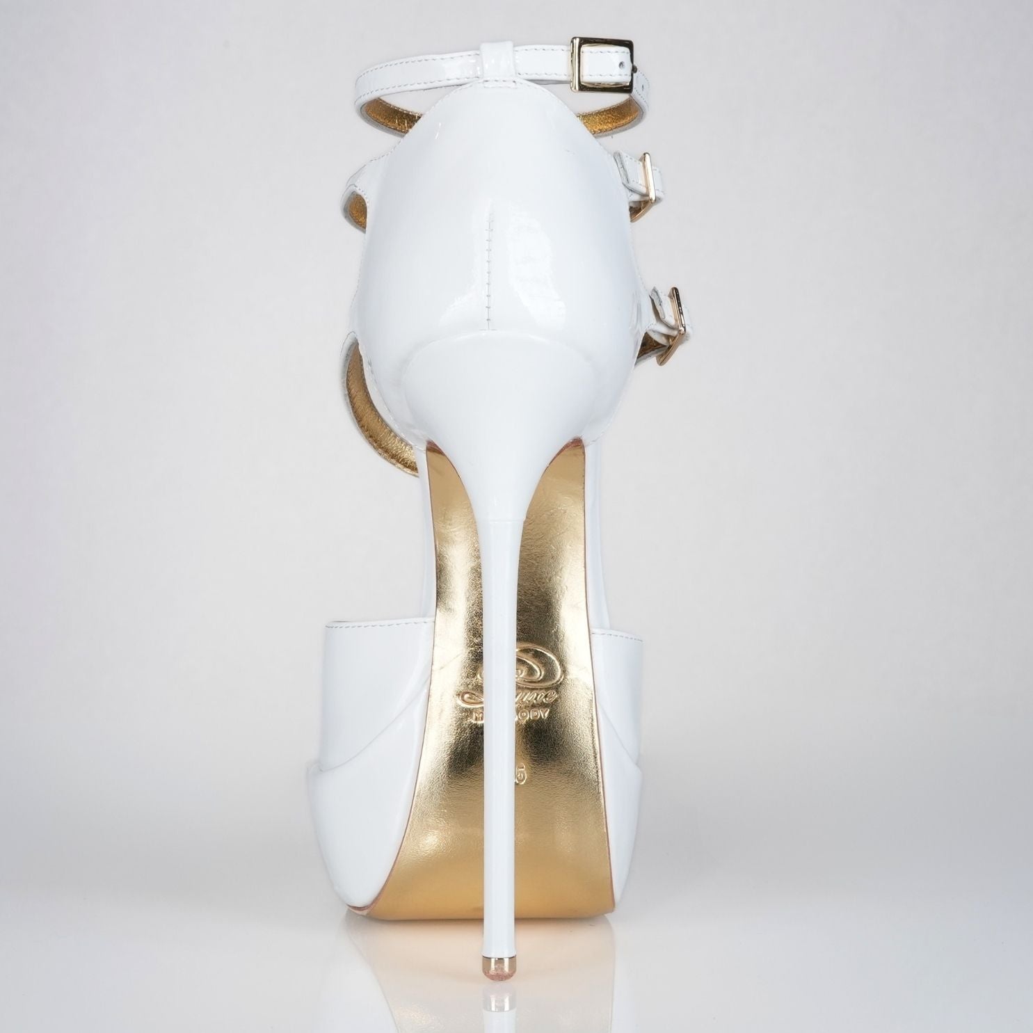 Princess white patent high heel sandals with 160mm (6 inch) Superarch stiletto high heels, sky high 6 inch high heels back view.