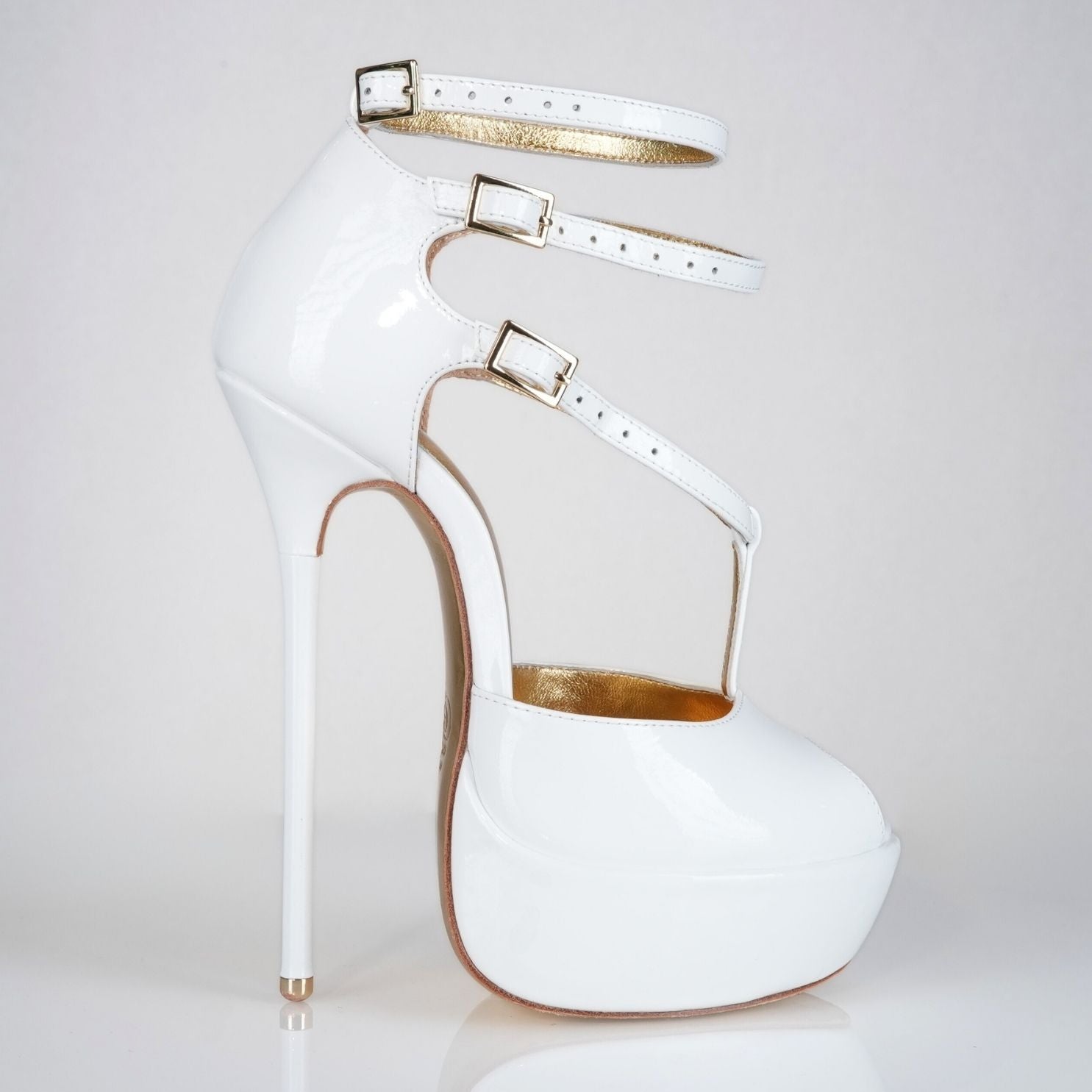 Princess white patent high heel sandals with 160mm (6 inch) Superarch stiletto high heels, extreme high heels with super arch main view.