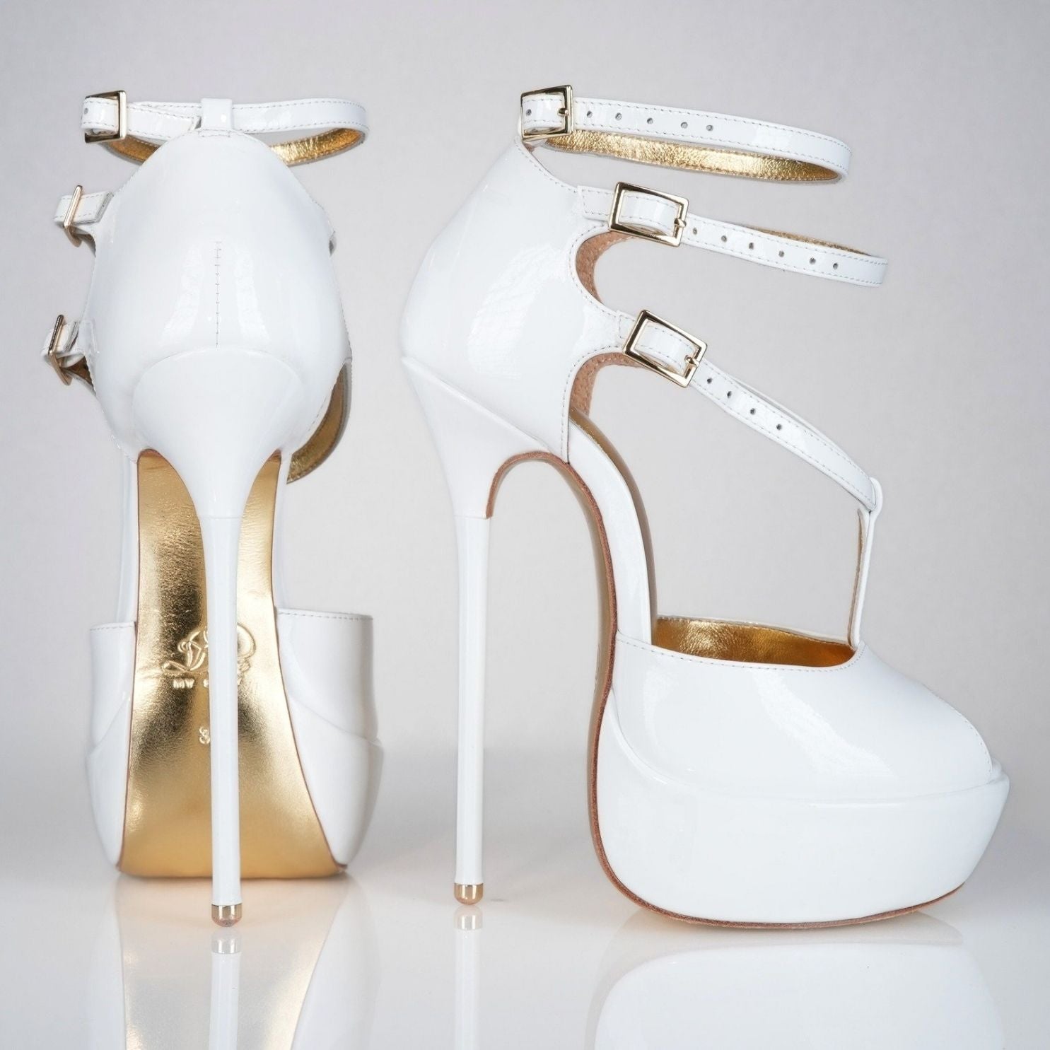 Princess white patent high heel sandals with 160mm (6 inch) Superarch stiletto high heels, ultra high heels with super arch profile view.