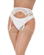White adjustable garter belt with 4 metal clips, Lace hosiery collection, front view.