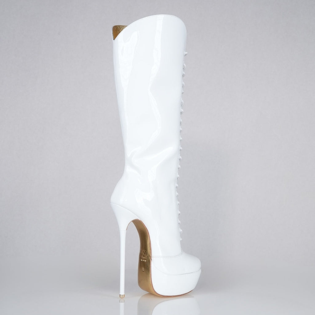 White patent 160mm stiletto high heel knee boots, round metal tips, extreme 90 degree superarch, Mistress Collection, right view.