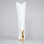 White patent 160mm stiletto high heel knee boots, round metal tips, extreme 90 degree superarch, Mistress Collection, back view.