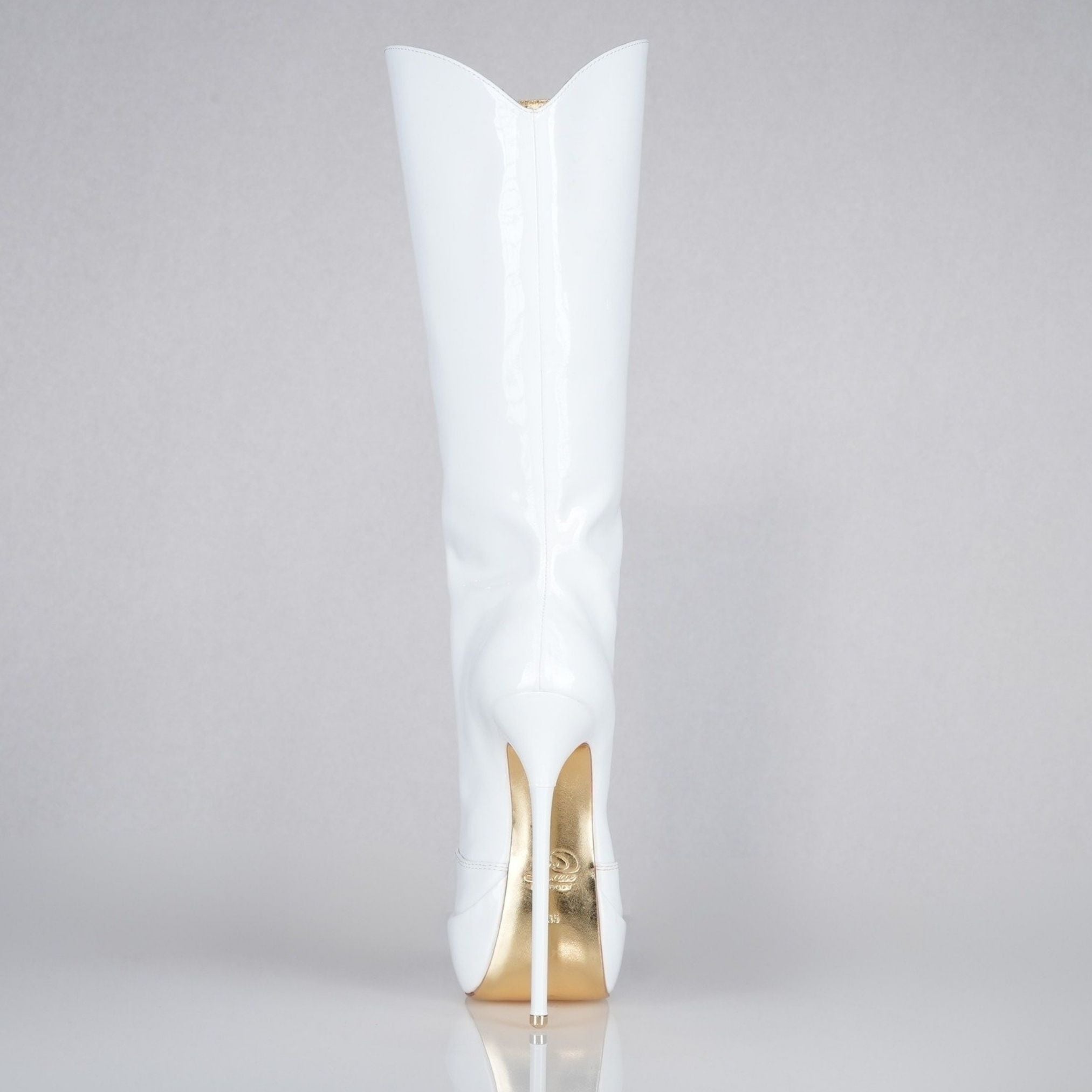 White patent 160mm stiletto high heel knee boots, round metal tips, extreme 90 degree superarch, Mistress Collection, back view.
