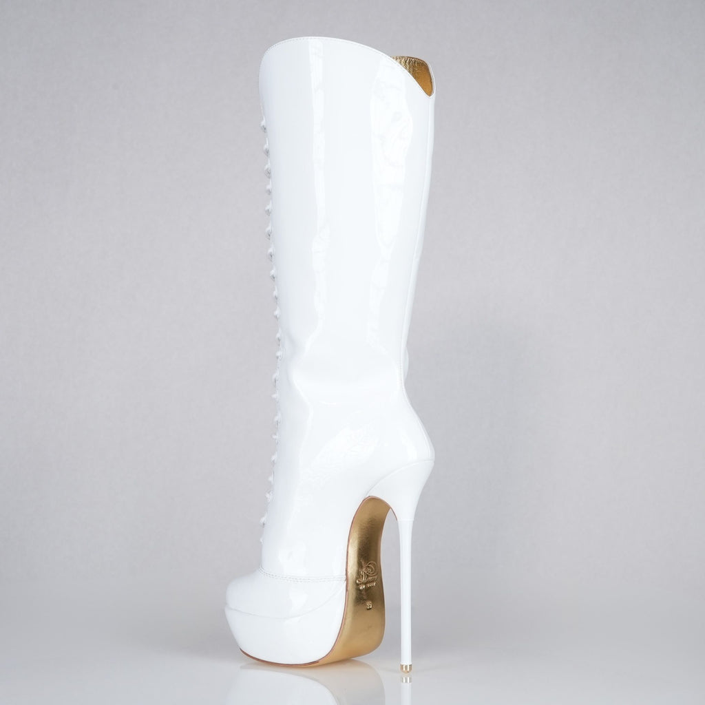 White patent 160mm stiletto high heel knee boots, round metal tips, extreme 90 degree superarch, Mistress Collection, closeup view.