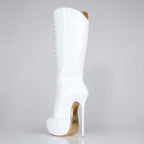 White patent 160mm stiletto high heel knee boots, round metal tips, extreme 90 degree superarch, Mistress Collection, closeup view.